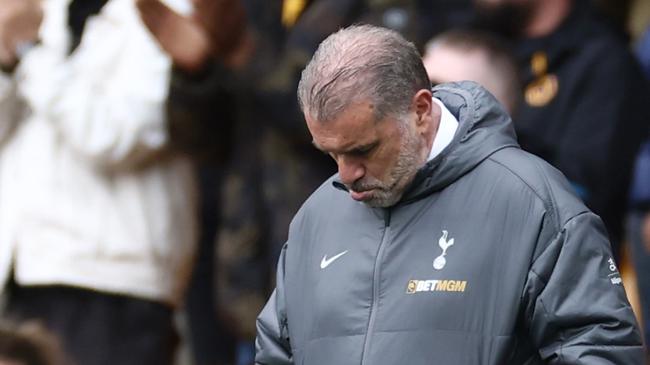 WOLVERHAMPTON, ENGLAND - APRIL 13: Ange Postecoglou, Manager of Tottenham Hotspur, reacts during the Premier League match between Wolverhampton Wanderers FC and Tottenham Hotspur FC at Molineux on April 13, 2025 in Wolverhampton, England. (Photo by Dan Istitene/Getty Images)