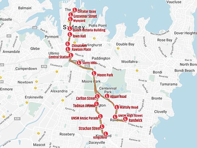 Sydney light rail map. The ling to Kingsford opens in March 2020.