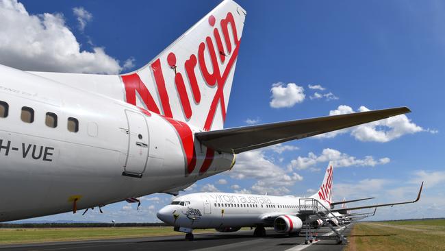 Grounded Virgin Australia aircraft parked at Brisbane Airport. Picture: AAP