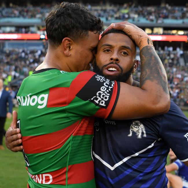 The pair embrace after the incident Picture: NRL Images