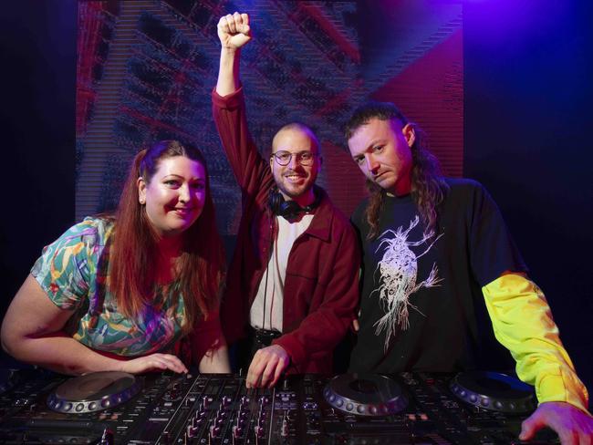 Virtual reality artist Jess Taylor, West Oak DJ Lewis Brideson and Liam Somerville from Capital Waste at Lion Arts Factory for the launch of MAAD, the Illuminate Adelaide festival’s Music &amp; Art After Dark program. Picture: Emma Brasier