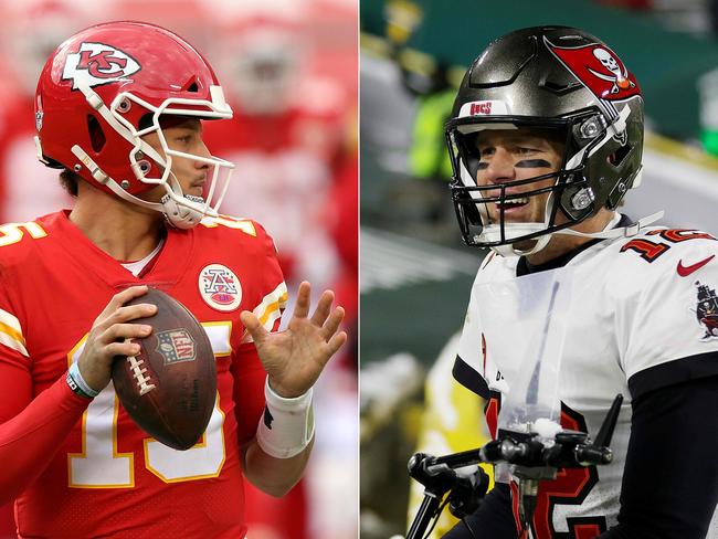 (COMBO) This combination of pictures created on January 24, 2021 shows Quarterback Patrick Mahomes #15 of the Kansas City Chiefs on December 27, 2020 in Kansas City, Missouri and quarterback Tom Brady #12 of the Tampa Bay Buccaneers on January 24, 2021 in Green Bay, Wisconsin. - The Kansas City Chiefs will face the Tampa Bay Buccaneers during Super Bowl 55 on February 7, 2021 at the Raymond James Stadium in Tampa, Florida. (Photos by JAMIE SQUIRE and Stacy Revere / GETTY IMAGES NORTH AMERICA / AFP)