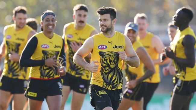 Trent Cotchin of the Tigers looks upfield during a training session at Punt Road. Picture: AAP