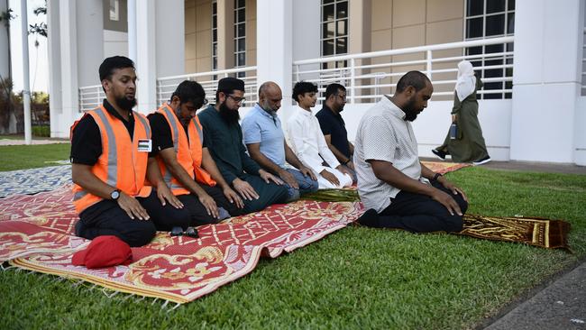 Prayers before a pro-Palestine protest outside of the NT Parliament house on Friday October 27 calling for a ceasefire 20-days into the Gaza conflict.