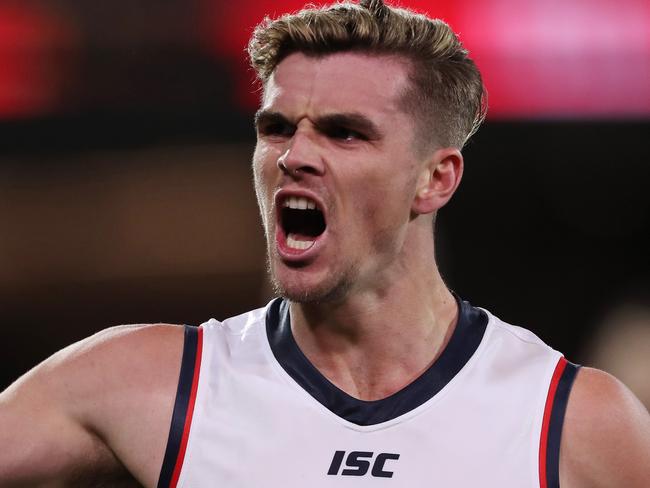 ADELAIDE, AUSTRALIA - SEPTEMBER 01: Ben Keays of the Crows celebrates a goal during the 2020 AFL Round 15 match between the Hawthorn Hawks and the Adelaide Crows at Adelaide Oval on September 1, 2020 in Adelaide, Australia. (Photo by James Elsby/AFL Photos via Getty Images)