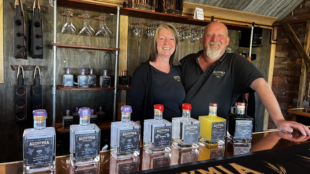 Sarah and Matt Packwood-Hollings of Alchymia Distillery at Table Cape ready for the TrailGraze weekend. Picture: Philip Young