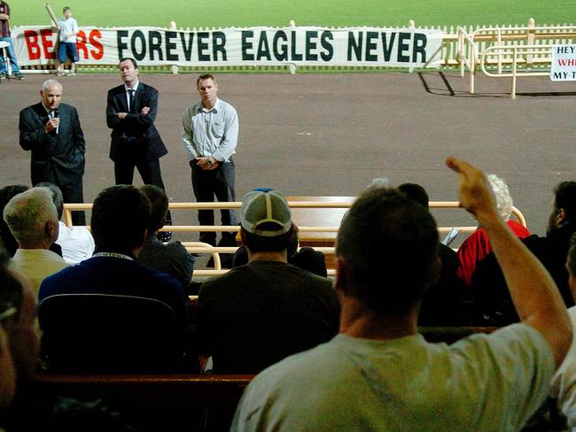 Back on October 26, 2004, Norths officials including former president Mike Gibbons (middle) and Greg Florimo address a “Save the Bears” meeting at North Sydney Oval.