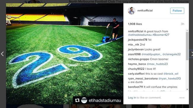 The Etihad Stadium ground crew prepare the ground for Boomer’s night. Picture: Instagram