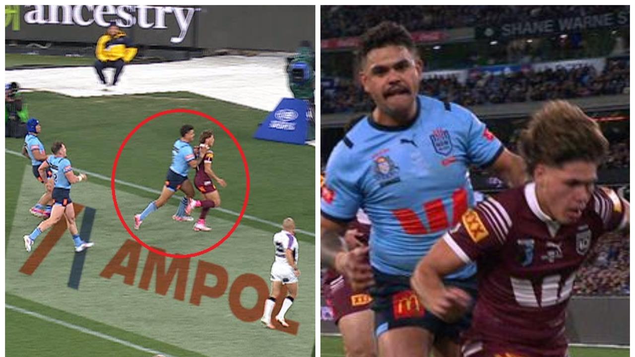 Latrell Mitchell shove on Reece Walsh in Origin Game II.