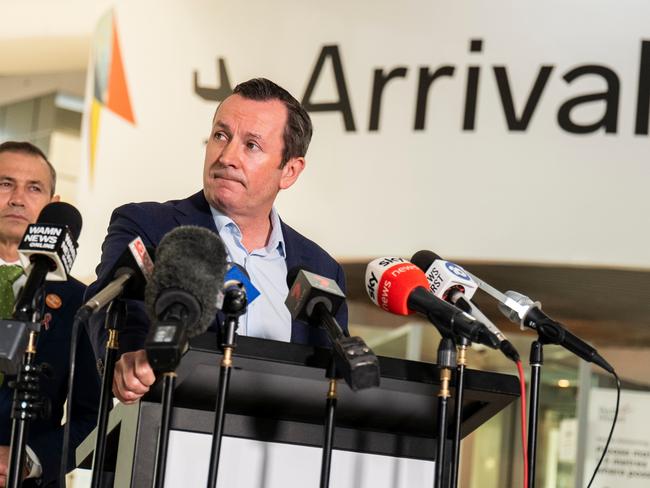 WA Premier Mark McGowan speaks to the media at Perth airport. Picture: NCA NewsWire / Tony McDonough