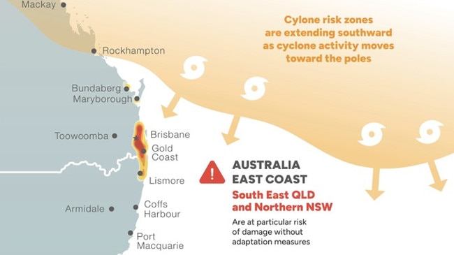 A map released in 2023 by XDI identifying the regions in Australia most vulnerable to the poleward shift of tropical cyclones, driven by climate change.