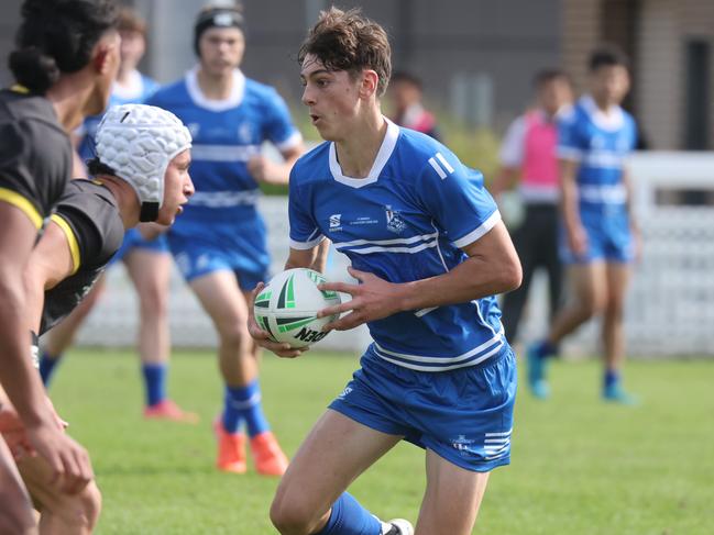 DAILY TELEGRAPH. MAY 7, 2025. Pictured is The Peter Mulholland Cup at Ringrose Park, Wentworthville today. St Dominic's College (Blue) v Bass Hill HS. Picture: Tim Hunter.