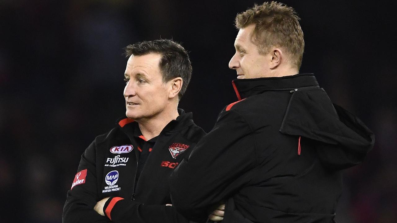 Essendon coach John Worsfold with assistant Mark Neeld in 2017. (Photo by Quinn Rooney/Getty Images)