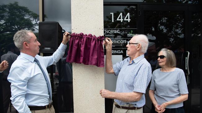 Vince and Pat Castle unveil the plaque naming the new Caringa centre after Vince Castle with Member for Page Kevin Hogan