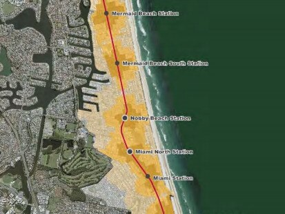 The stations planned for light rail stage 3a from Broadbeach to Burleigh on the Gold Coast.