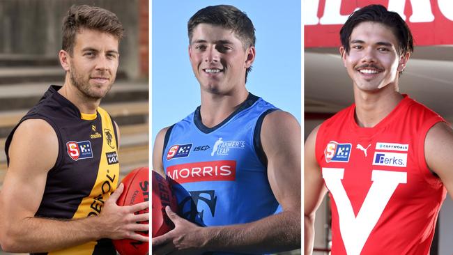 Chris Curran, Sam Conforti and Austin Harris ahead of the 2024 SANFL season. Pictures: The Advertiser