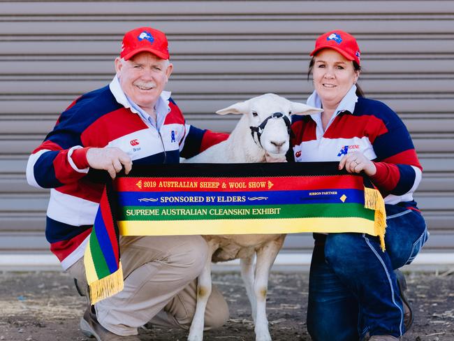 Bendigo Sheep and Wool Show 2019Bruce and Jannie Hodgson from Ardene Australian Whites in Mt Torrens SA Winner Supreme Australian Cleanskins. Photo by Chloe Smith  Photo by Chloe Smith.