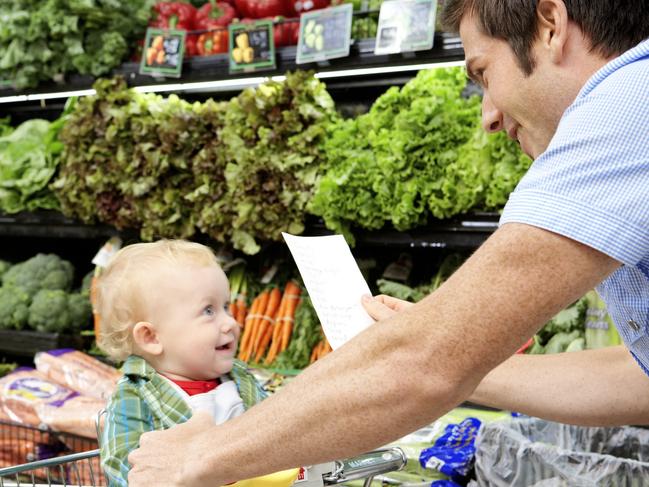 Father with daughter and shopping list in supermarket, groceries generic