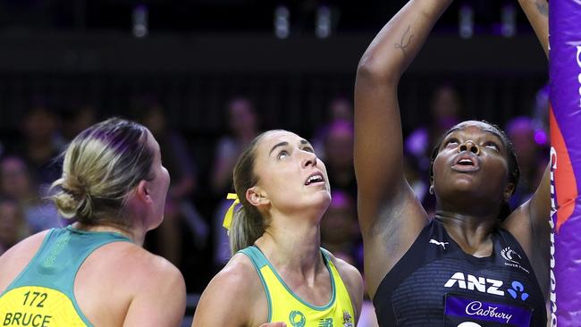 WELLINGTON, NEW ZEALAND - OCTOBER 20: Grace Nweke of New Zealand shoots during the game one of the Constellation Cup series between New Zealand Silver Ferns and Australia Diamonds at TSB Arena on October 20, 2024 in Wellington, New Zealand. (Photo by Hagen Hopkins/Getty Images)