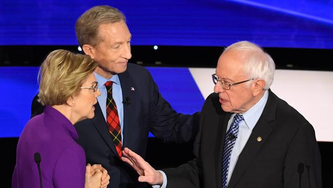 Elizabeth Warren and Bernie Sanders, right, in Iowa. Picture: AFP