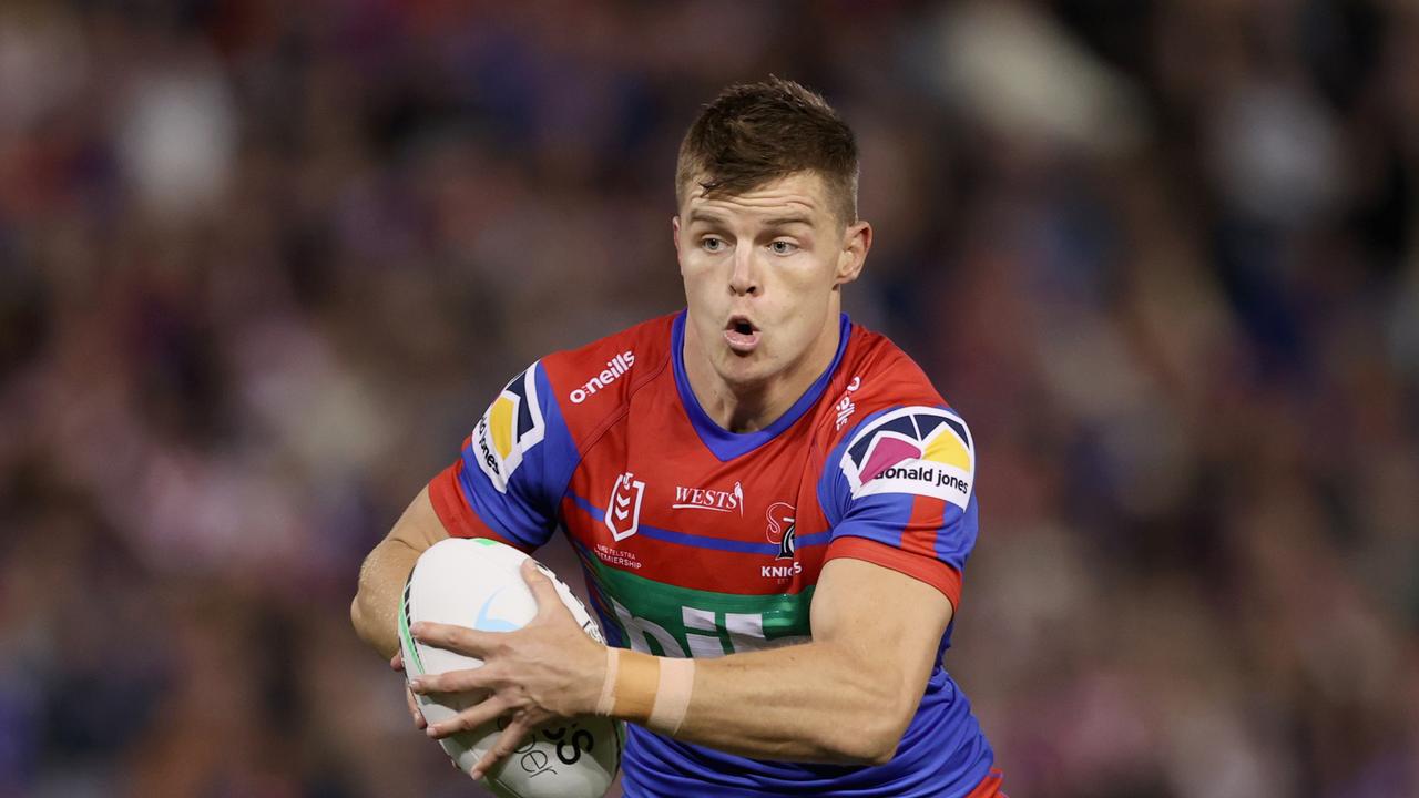 NEWCASTLE, AUSTRALIA - MAY 01: Jayden Brailey of the Knights in action during the round eight NRL match between the Newcastle Knights and the Sydney Roosters at McDonald Jones Stadium, on May 01, 2021, in Newcastle, Australia. (Photo by Ashley Feder/Getty Images)