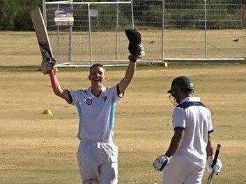 Aberfeldie St Johns batsman Adam Gray celebrates reaching 300. Picture: Supplied. 