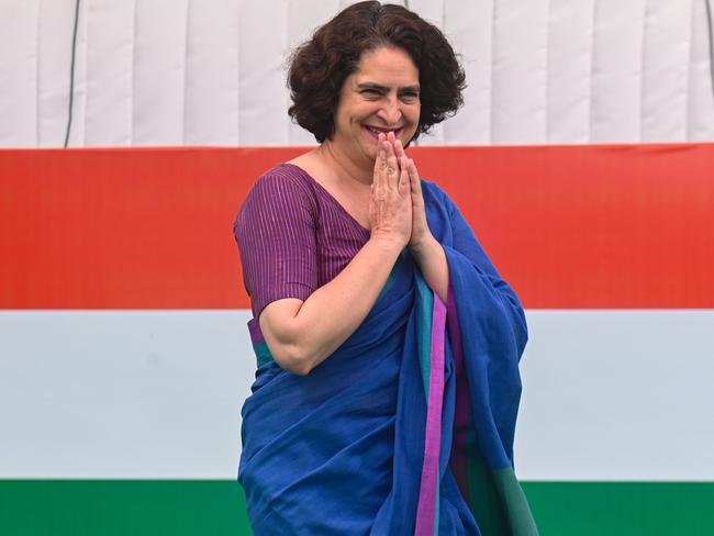 Priyanka Gandhi Vadra, the leader of India's main opposition party, the Indian National Congress, is gesturing as she arrives at the party headquarters for the release of the party's manifesto ahead of the Indian General Elections, in New Delhi, India, on April 5, 2024. (Photo by Kabir Jhangiani/NurPhoto via Getty Images)