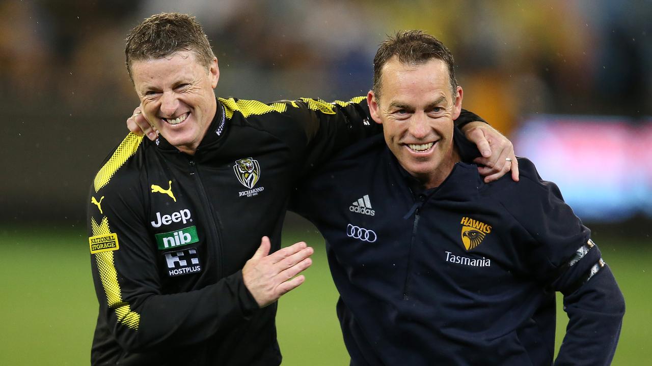 Richmond coach Damien Hardwick and Hawthorn coach Alastair Clarkson. Picture: Michael Klein