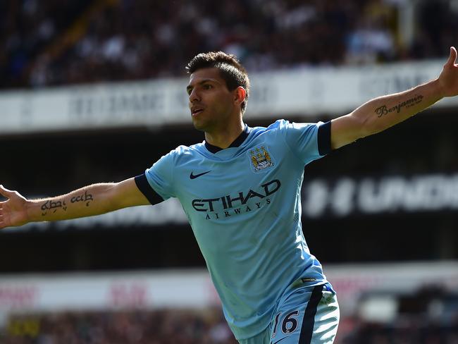 LONDON, ENGLAND - MAY 03: Sergio Aguero of Manchester City celebrates scoring the opening goal during the Barclays Premier League match between Tottenham Hotspur and Manchester City at White Hart Lane on May 3, 2015 in London, England. (Photo by Jamie McDonald/Getty Images)