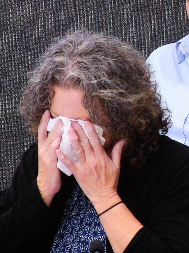 The 51-year-old dabbed her eyes during questioning. Picture: AAP/Peter Rae