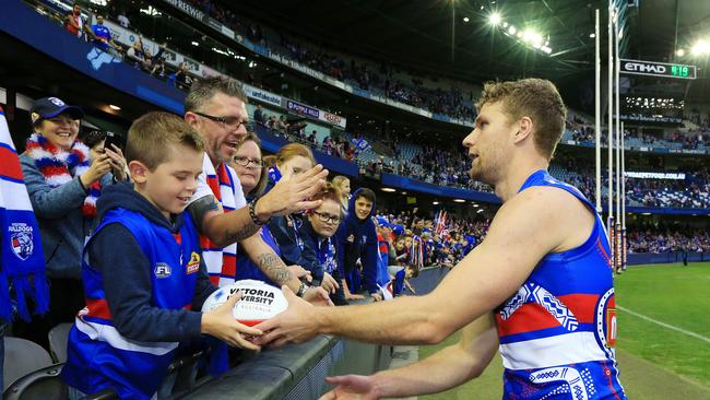 AFL 2017: Western Bulldogs vs. St Kilda. Jake Stringer celebrates the win with fans. Picture: Mark Stewart