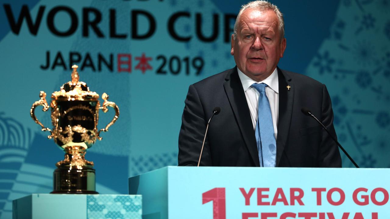 World Rugby Chairman Bill Beaumont speaks during an event to mark one year to go to the 2019 Rugby World Cup in Tokyo.