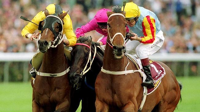 Northerly (left), gets the better of Viscount and Sunline to win the first of his two Cox Plates in 2001. Picture: Darrin Braybrook 