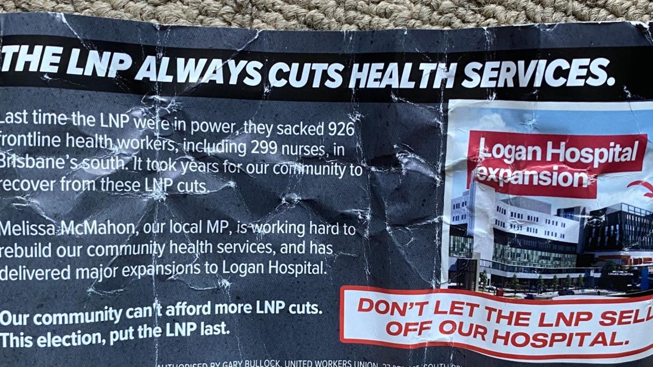 A Queensland election pamphlet authorised by Gary Bullock from the United Workers Union trying to say the LNP will sell off the local Logan Hospital. Picture Supplied