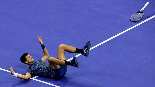 Novak Djokovic celebrates after beating Juan Martin del Potro. Picture: Getty