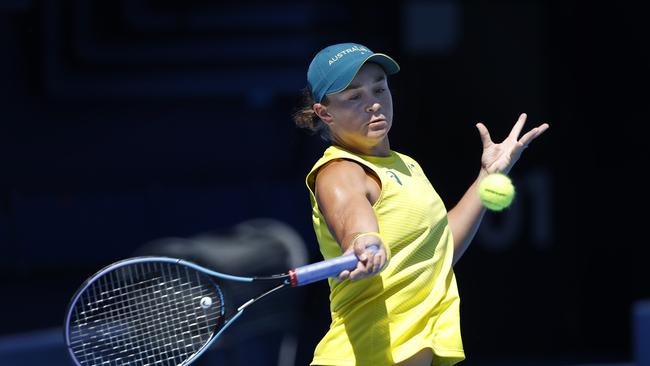 Ash Barty practices at the Ariake Tennis Centre in Tokyo before the start of Olympics competiton.