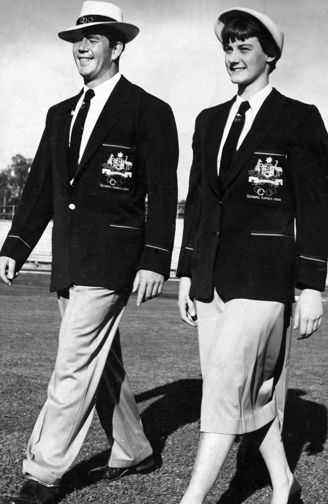 Shot-putter Barry Donath and swimmer Faith Leech model the walking-out outfit for the 1956 Melbourne Olympics opening ceremony. Picture: News Corp Australia