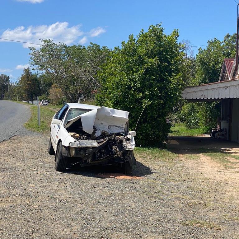 NEAR MISS: A driver has collided with a parked ute in Baree, sending it hurdling into a gazebo manned by election workers.