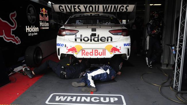 Jamie Whincup's car in the garage after suffering a transaxle failure during Race 2, Adelaide 500. Pic: Mark Horsburgh.