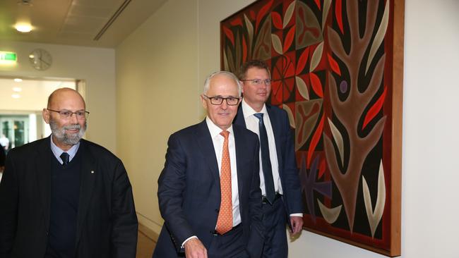 Malcolm Turnbull arrives for Liberal Leadership spill with Arthur Sinodinos and Craig Laundy. Picture: Kym Smith