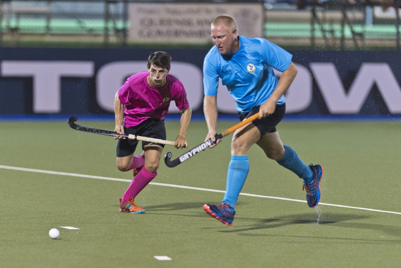 Josh McPaul of Pink Batts (left) and Matthew Siebuhr of SQPS Scorers in Iron Jack Challenge mens hockey at Clyde Park, Friday, February 28, 2020. Picture: Kevin Farmer