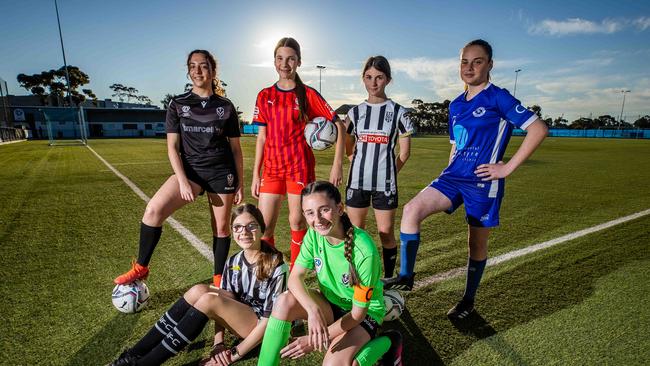 Lily Rinaldi (Adelaide University Red), Anetta Tsongas (Fulham United Red), Anastasia Simic (Football SA U14 girls), Persia Mitanovski (Adelaide Uni Red), Clarissa Pagnozzi (Adelaide City Black R), Abbey Fagan (Modbury Vista Red), ahead of their cup final matches on Sunday. Picture: Tom Huntley