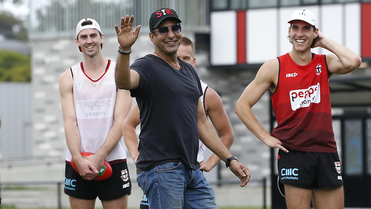 Former Pakistan cricket captain Wasim Akram was a popular man at St Kilda training. Picture: Ian Currie
