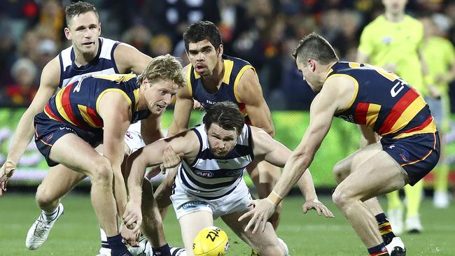 Geelong’s Patrick Dangerfield battles Adelaide’s Rory Sloane, Charlie Cameron and Brad Crouch. Picture: Sarah Reed