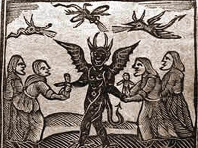 Witch trials in the 16th century, including the 1591 trial of Agnes Sampson depicted with the devil giving dolls, did not stamp out belief in witches.