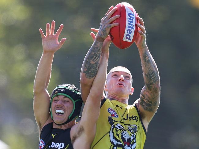 Richmond intra-club practice match at Punt Rd Oval.  Dustin Martin marks over ??? during the 3rd qtr   . Pic: Michael Klein