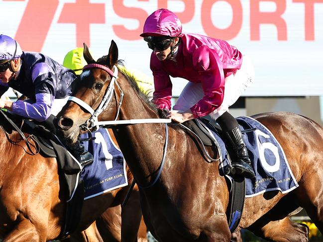 SYDNEY, AUSTRALIA - SEPTEMBER 21: James McDonald riding Fangirl wins Race 8 7+ Sport Stakes during "Sydney Surf To Turf Day" - Sydney Racing at Royal Randwick Racecourse on September 21, 2024 in Sydney, Australia. (Photo by Jeremy Ng/Getty Images)