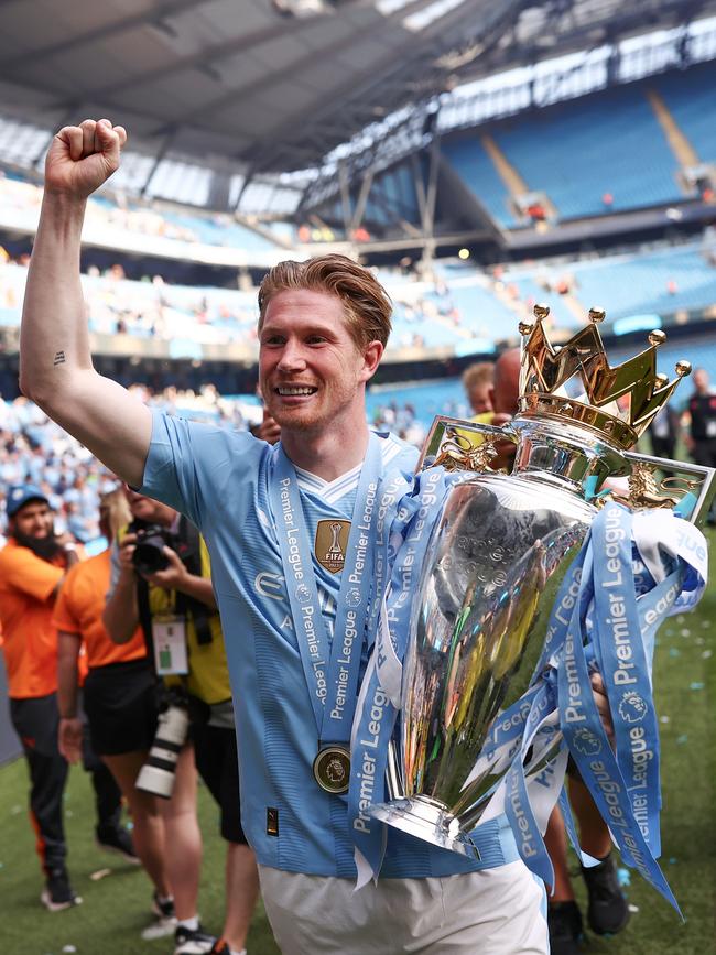 Manchester City’s Kevin De Bruyne with the English Premier League trophy last year. Picture: Getty Images