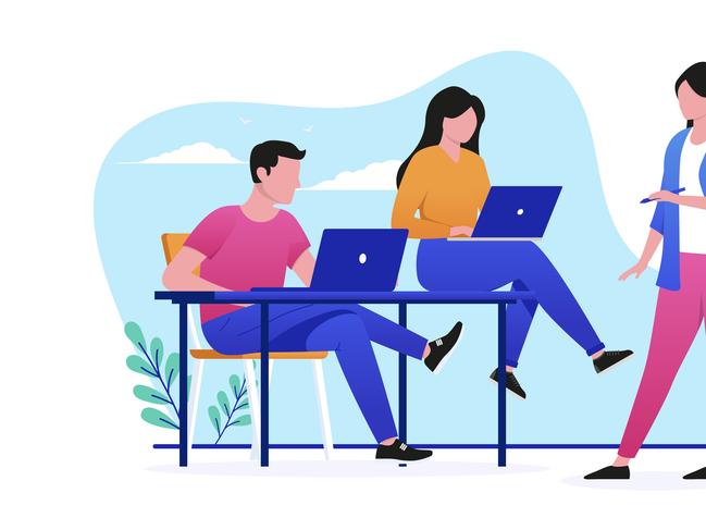 Man and two woman doing work with computers. Flat design vector illustration with white background. iStock