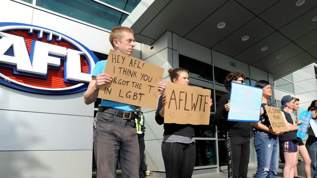 Protesters demonstrate outside AFL House after the league’s decision to not allow transgender players in the AFLW draft last year. Picture: Andrew Henshaw